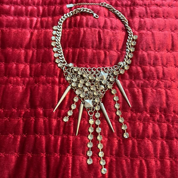 Statement Necklace!  Matte Gold Crystals Metal Mesh Spikes Goth - Picture 2 of 10